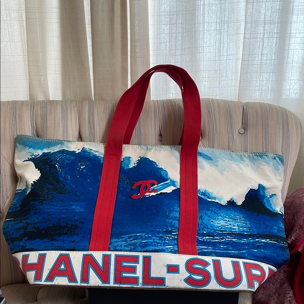 Chanel Surf Wave Tote Bag with Red Handles